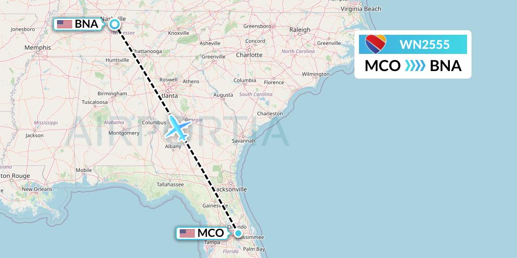 WN2555 Southwest Airlines Flight Map: Orlando to Nashville