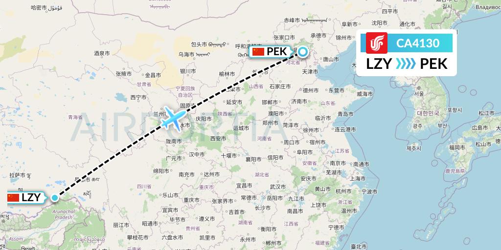 CA4130 Air China Flight Map: Nyingchi to Beijing