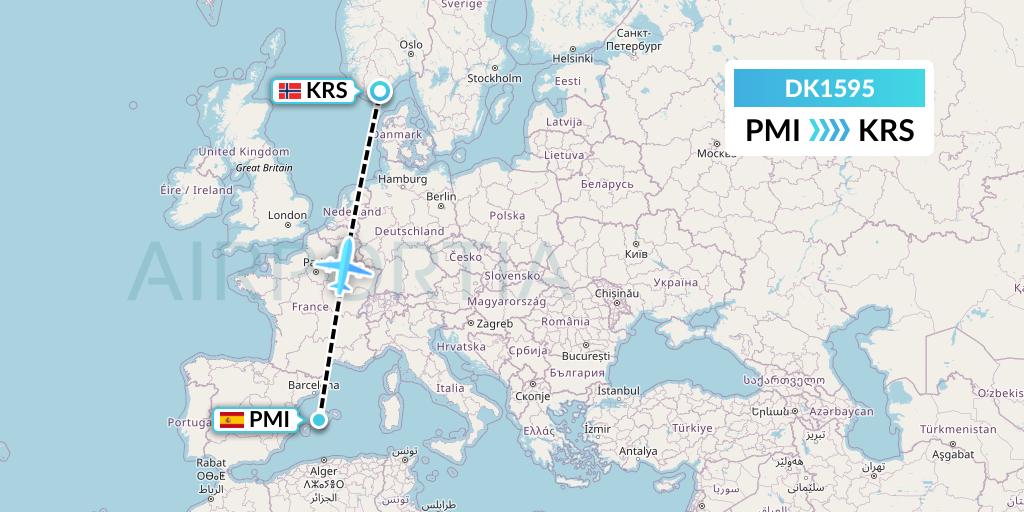 DK1595 Thomas Cook Airlines Scandinavia Flight Map: Palma de Mallorca to Kristiansand