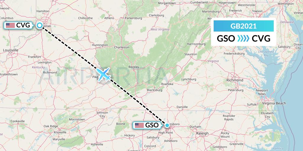 GB2021 ABX Air Flight Map: Greensboro to Cincinnati