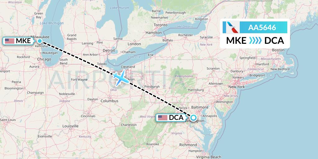 AA5646 American Airlines Flight Map: Milwaukee to Washington