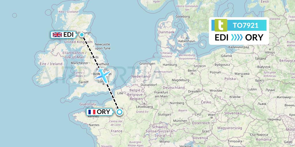 TO7921 Transavia France Flight Map: Edinburgh to Paris
