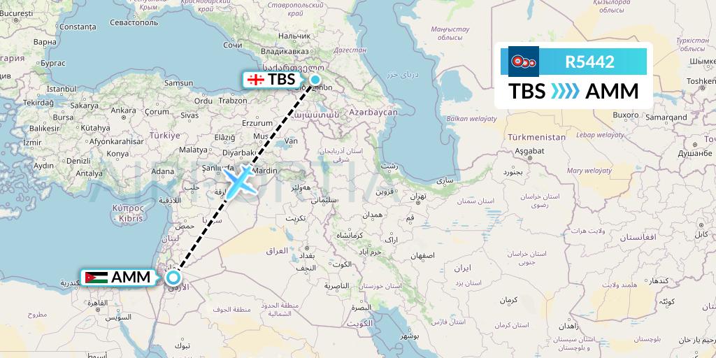 R5442 Jordan Aviation Flight Map: Tbilisi to Amman