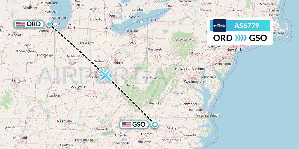 AS6779 Alaska Airlines Flight Map: Chicago to Greensboro