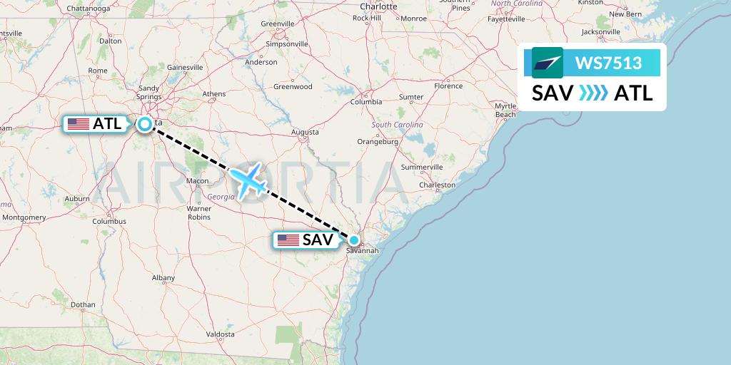 WS7513 WestJet Flight Map: Savannah to Atlanta