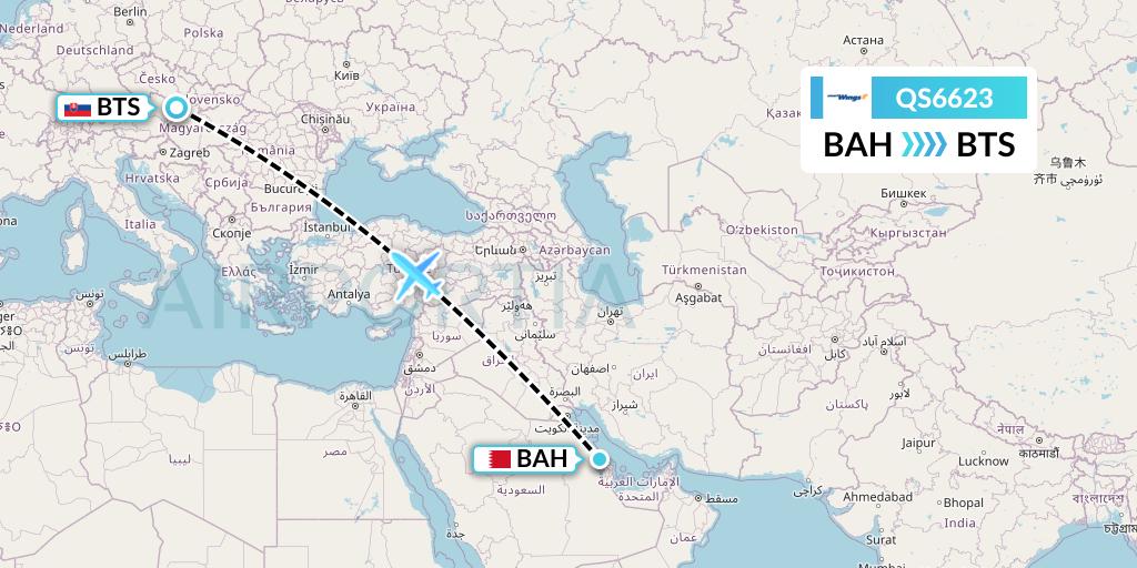 QS6623 Smartwings Flight Map: Bahrain to Bratislava