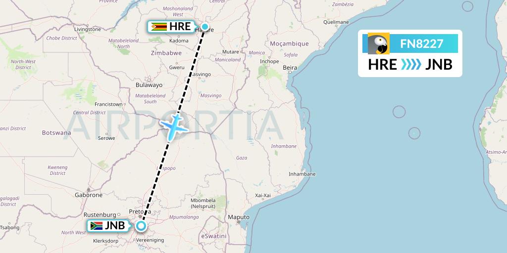 FN8227 Fastjet Flight Map: Harare to Johannesburg