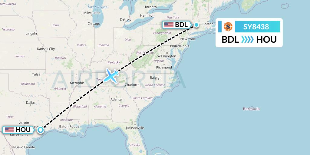 SY8438 Sun Country Airlines Flight Map: Windsor Locks to Houston