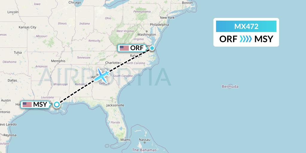 MX472 Breeze Airways Flight Map: Norfolk to New Orleans