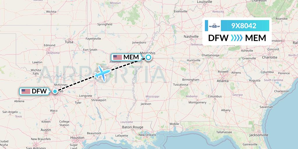 9X8042 Southern Airways Express Flight Map: Dallas to Memphis