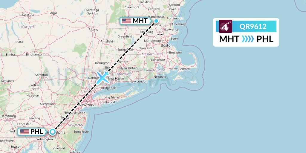 QR9612 Qatar Airways Flight Map: Manchester to Philadelphia