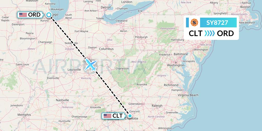 SY8727 Sun Country Airlines Flight Map: Charlotte to Chicago