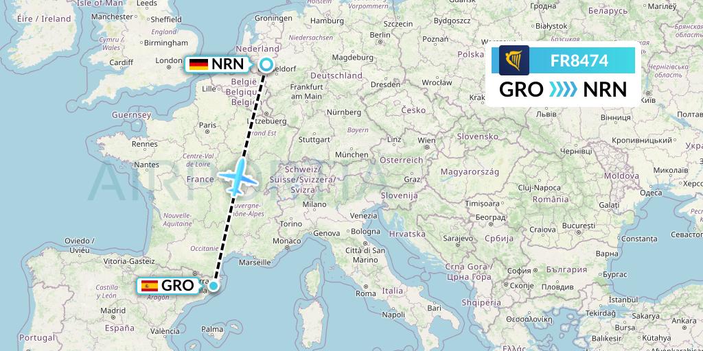 FR8474 Ryanair Flight Map: Girona to Weeze
