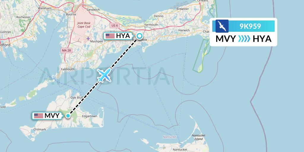 9K959 Cape Air Flight Map: Martha's Vineyard to Hyannis