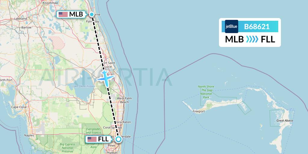 B68621 JetBlue Airways Flight Map: Melbourne to Fort Lauderdale