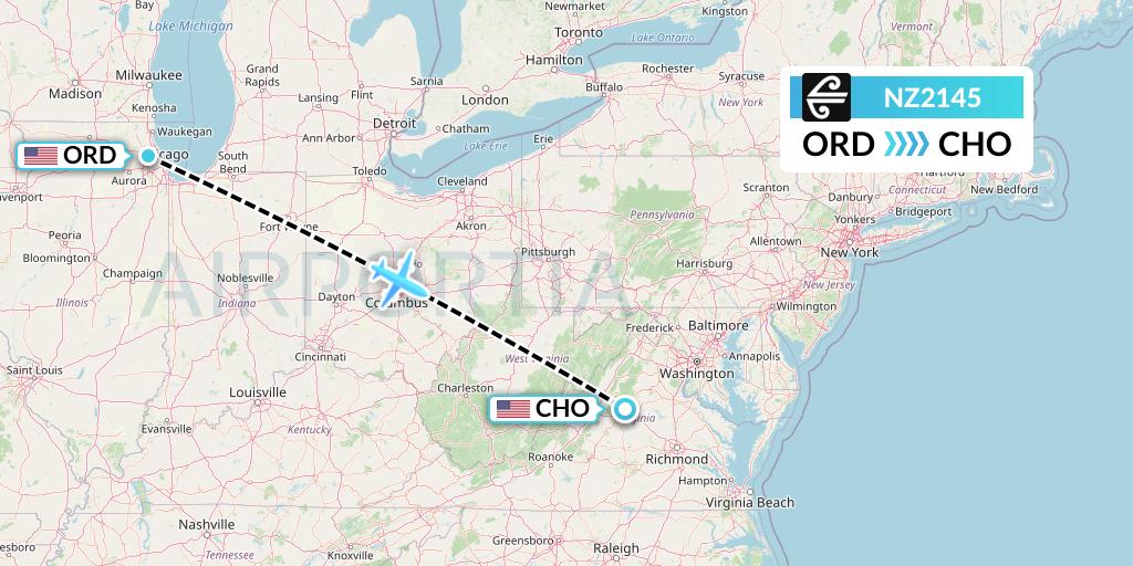 NZ2145 Air New Zealand Flight Map: Chicago to Charlottesville