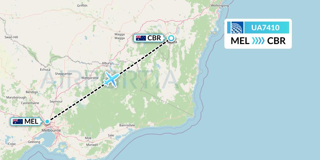 UA7410 United Airlines Flight Map: Melbourne to Canberra