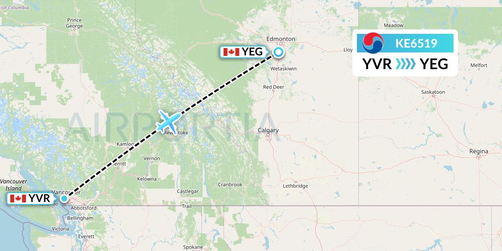 KE6519 Korean Air Flight Map: Vancouver to Edmonton