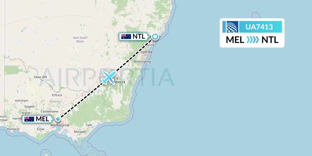 UA7413 United Airlines Flight Map: Melbourne to Newcastle