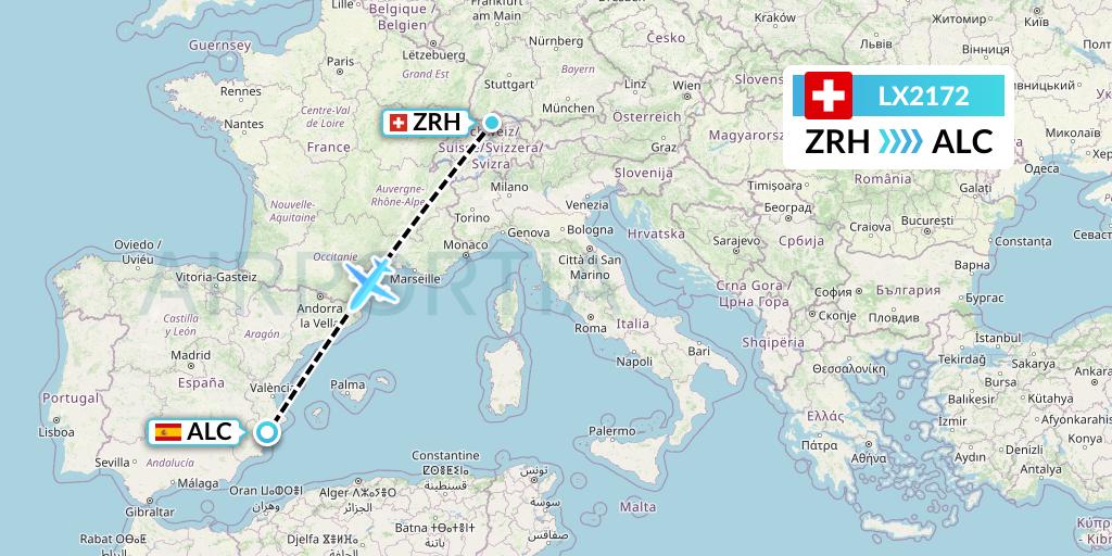 LX2172 Swiss Flight Map: Zurich to Alicante