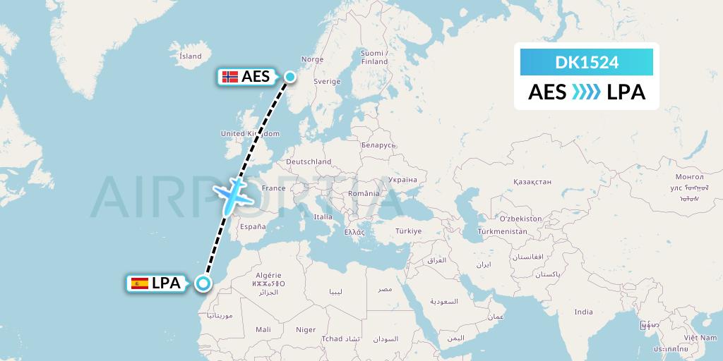 DK1524 Thomas Cook Airlines Scandinavia Flight Map: Alesund to Las Palmas