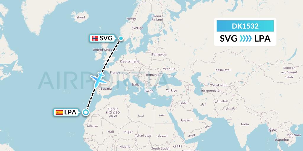 DK1532 Thomas Cook Airlines Scandinavia Flight Map: Stavanger to Las Palmas