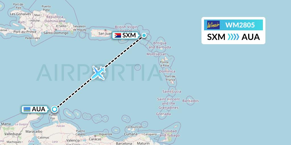 WM2805 Winair Flight Map: Sint Maarten to Oranjestad