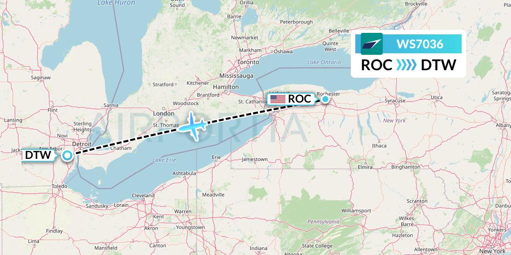 WS7036 WestJet Flight Map: Rochester to Detroit