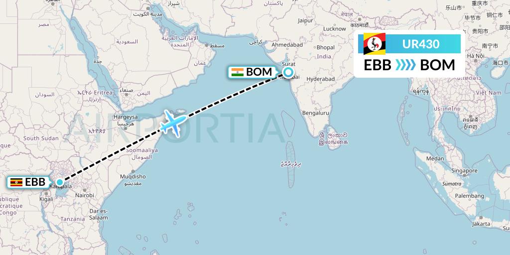 UR430 Uganda Airlines Flight Map: Entebbe to Mumbai