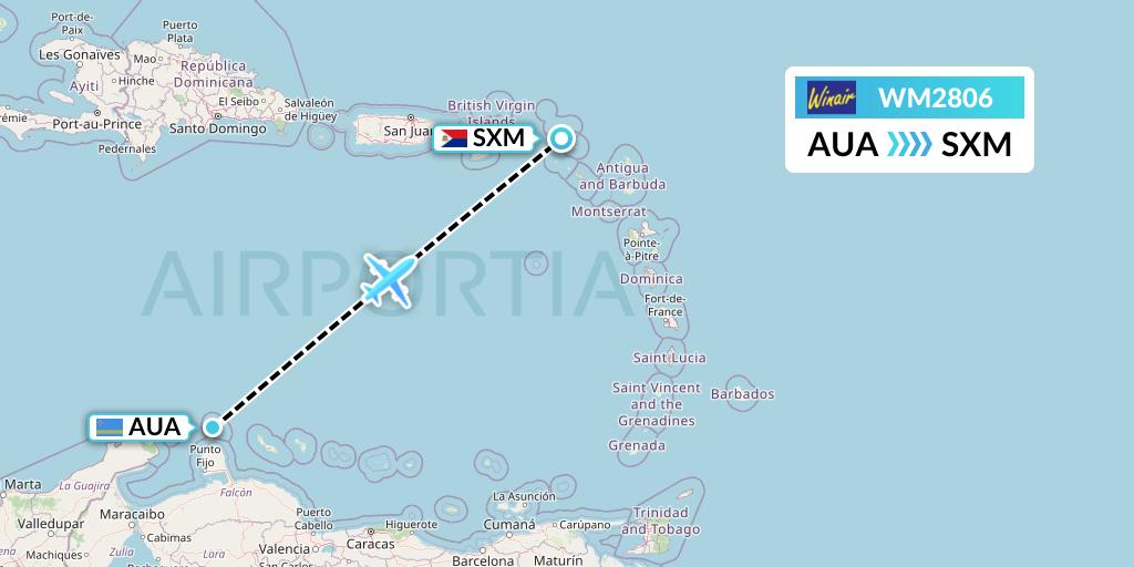 WM2806 Winair Flight Map: Oranjestad to Sint Maarten