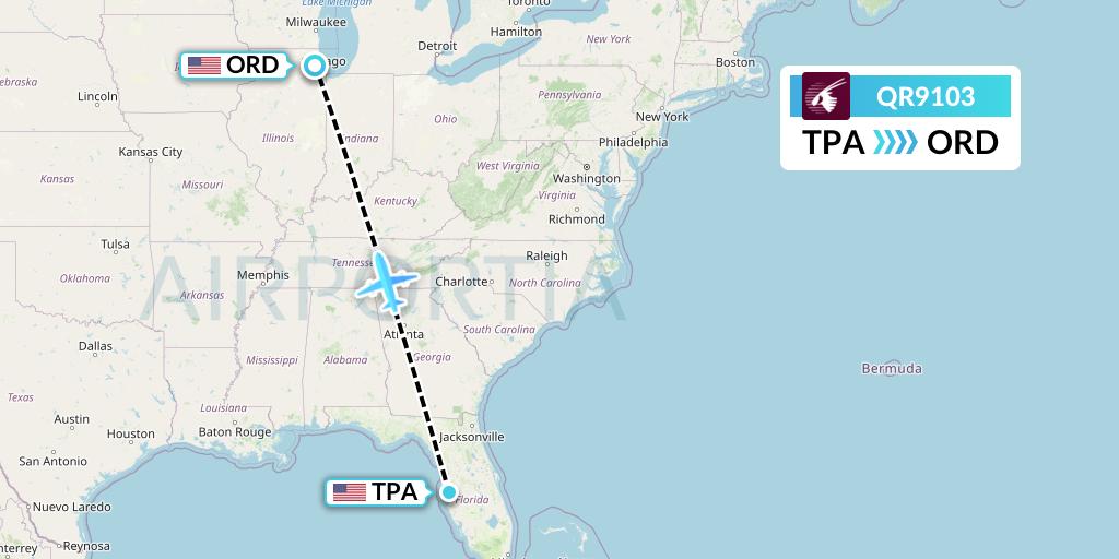 QR9103 Qatar Airways Flight Map: Tampa to Chicago