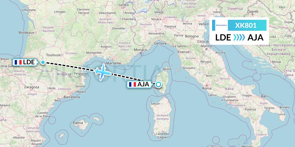 XK801 Air Corsica Flight Map: Tarbes to Ajaccio