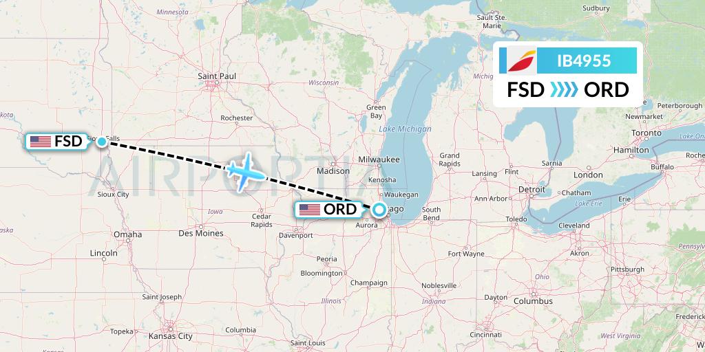 IB4955 Iberia Flight Map: Sioux Falls to Chicago