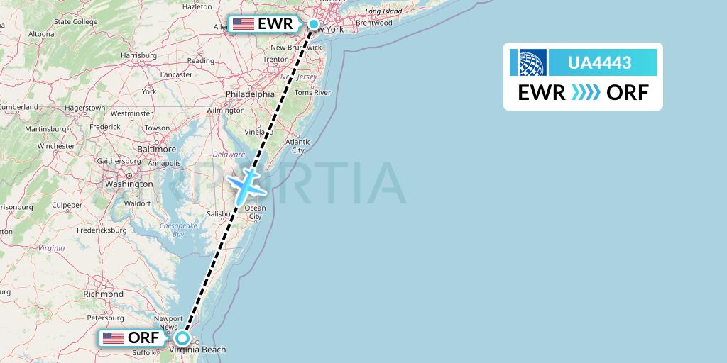 UA4443 United Airlines Flight Map: New York to Norfolk