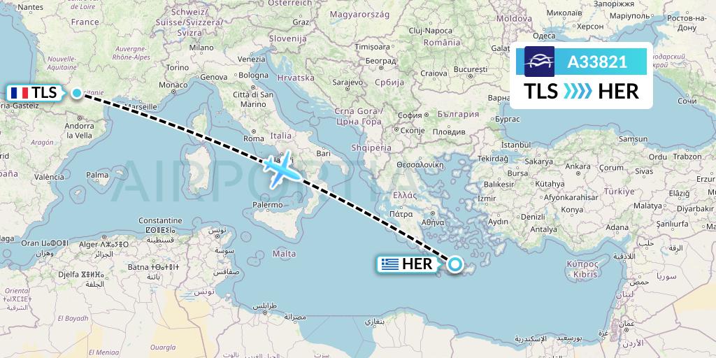A33821 Aegean Airlines Flight Map: Toulouse to Heraklion