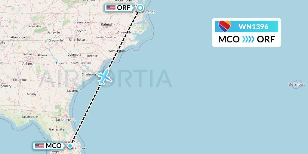WN1396 Southwest Airlines Flight Map: Orlando to Norfolk