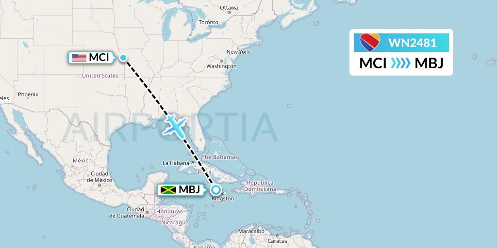 WN2481 Southwest Airlines Flight Map: Kansas City to Montego Bay