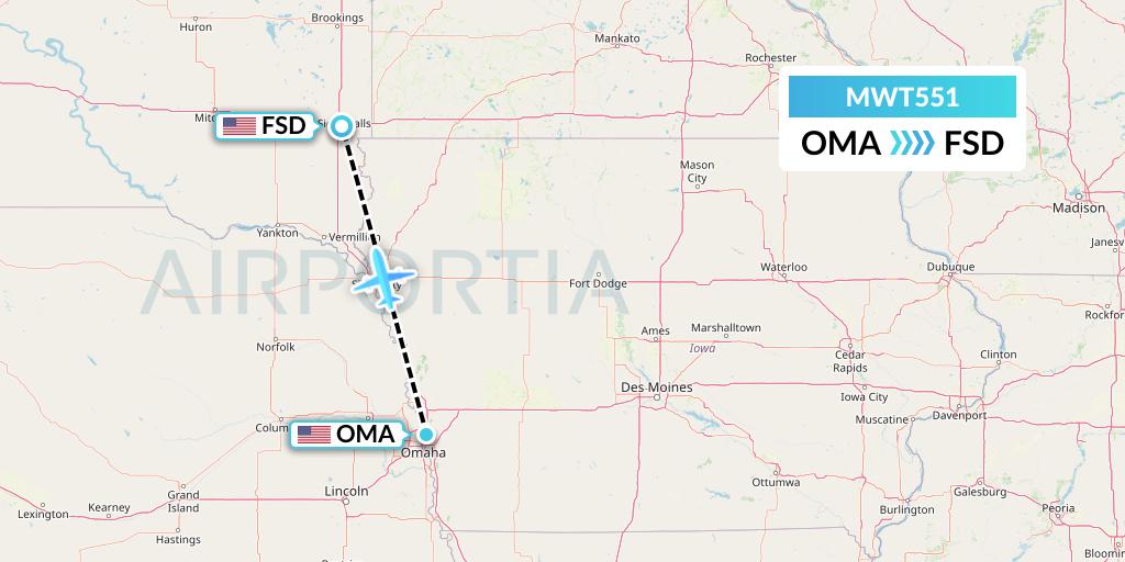 MWT551 Midwest Aviation Division Flight Map: Omaha to Sioux Falls