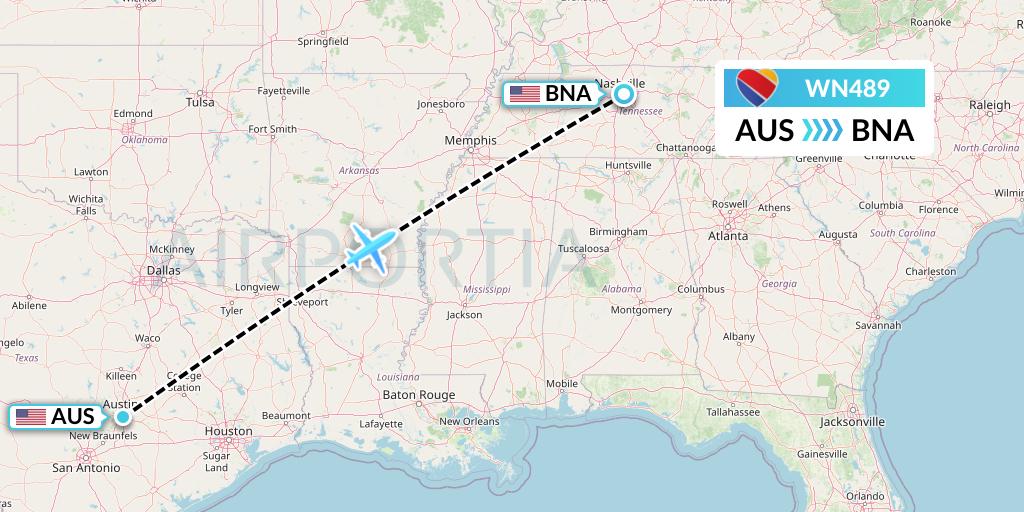 WN489 Southwest Airlines Flight Map: Austin to Nashville
