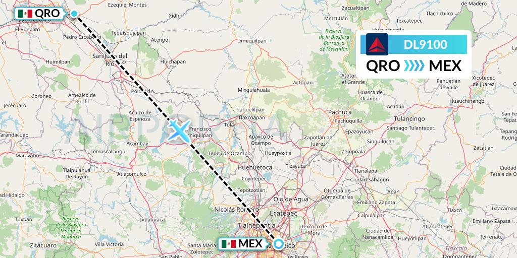 DL9100 Delta Air Lines Flight Map: Queretaro to Mexico City