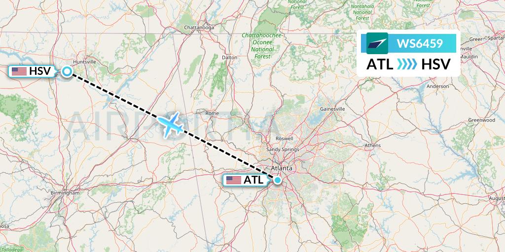 WS6459 WestJet Flight Map: Atlanta to Huntsville