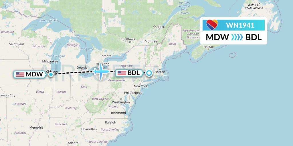WN1941 Southwest Airlines Flight Map: Chicago to Windsor Locks