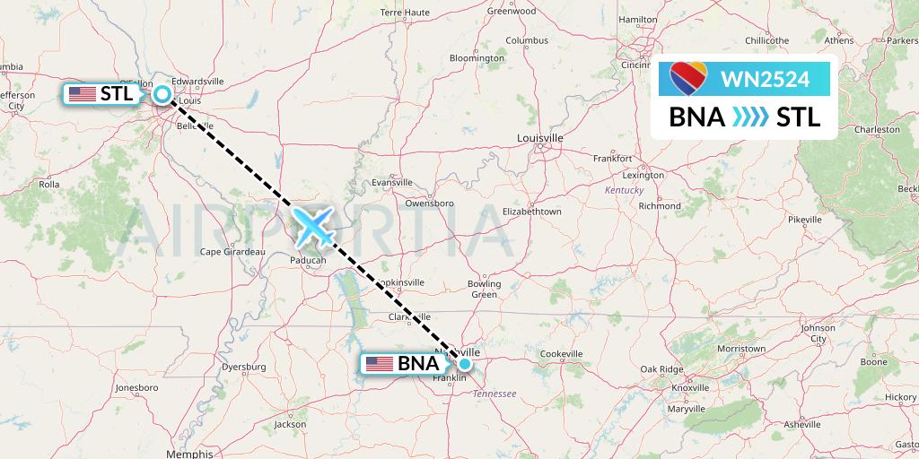 WN2524 Southwest Airlines Flight Map: Nashville to St. Louis