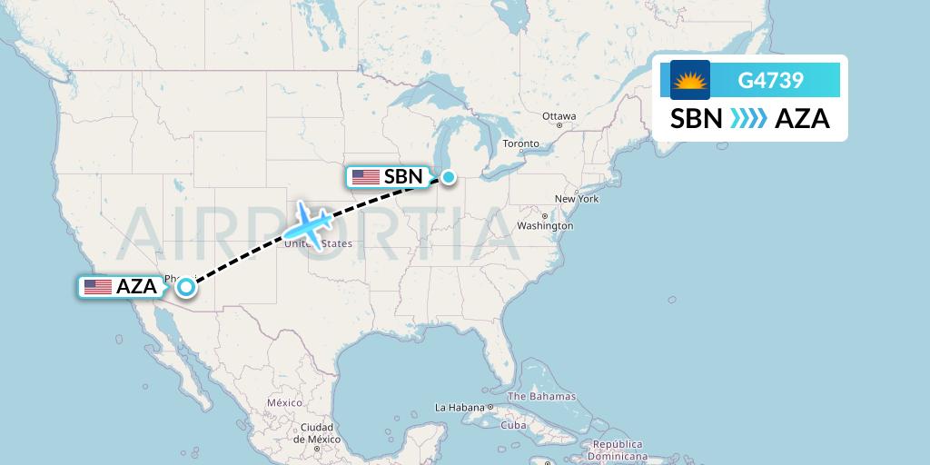 G4739 Allegiant Air Flight Map: South Bend to Phoenix