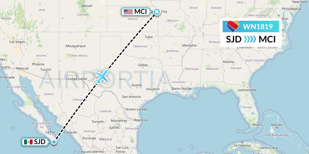WN1819 Southwest Airlines Flight Map: San Jose del Cabo to Kansas City
