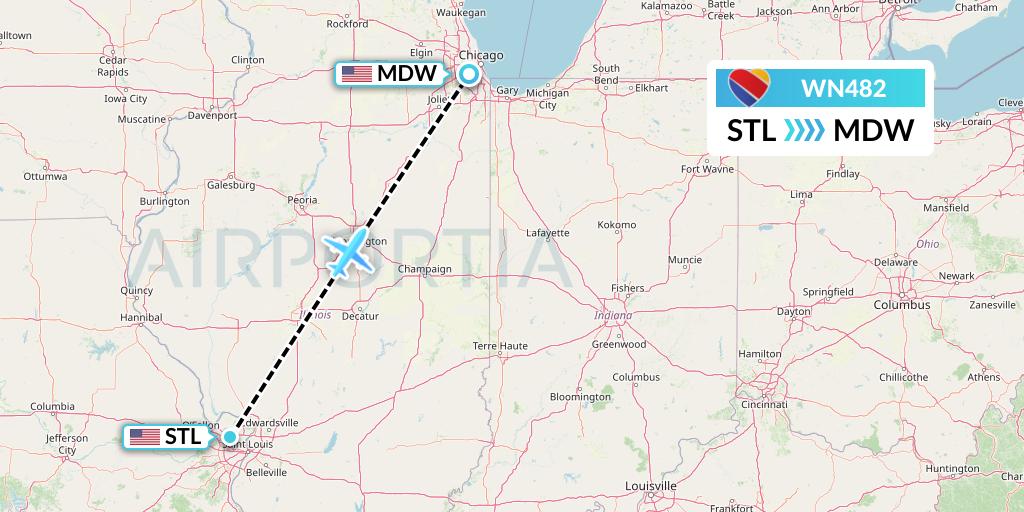 WN482 Southwest Airlines Flight Map: St. Louis to Chicago