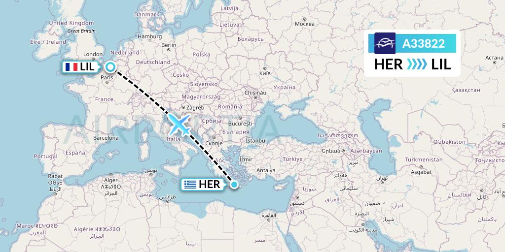 A33822 Aegean Airlines Flight Map: Heraklion to Lille
