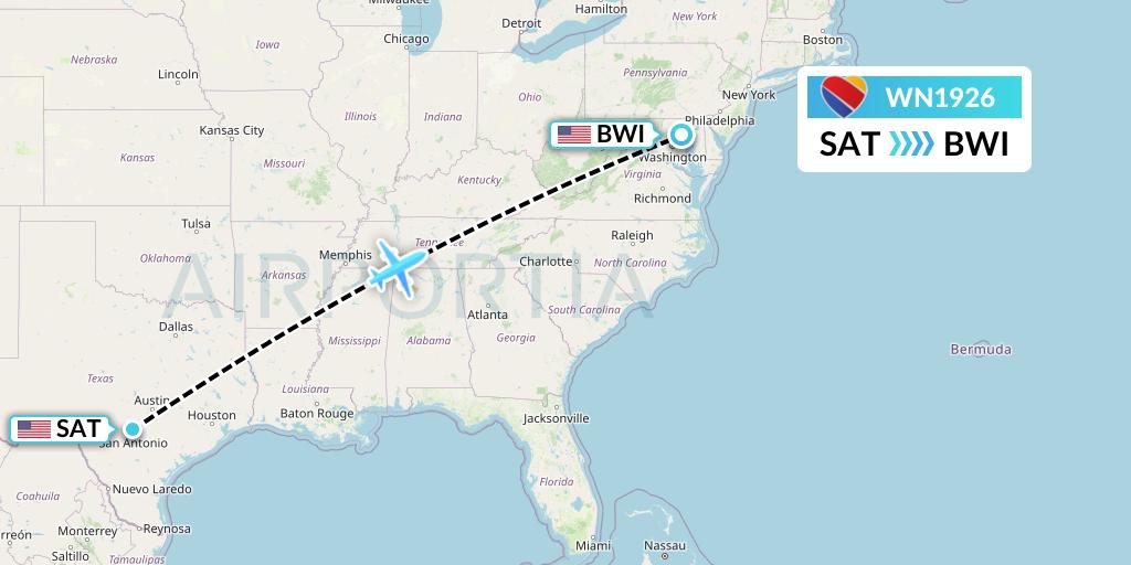 WN1926 Southwest Airlines Flight Map: San Antonio to Baltimore