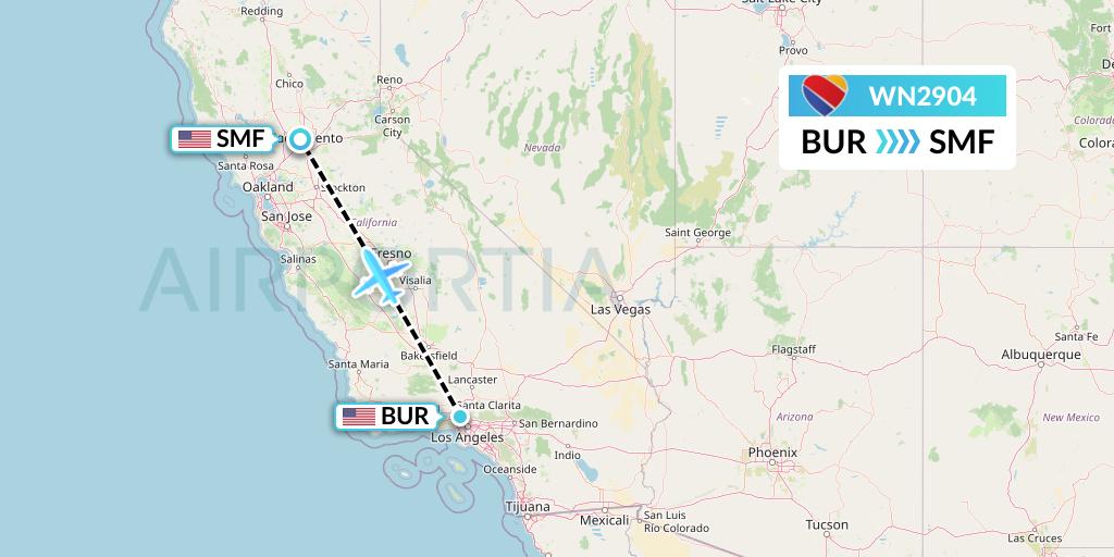WN2904 Southwest Airlines Flight Map: Burbank to Sacramento