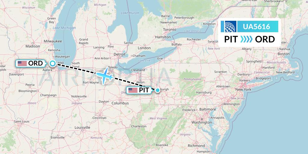 UA5616 United Airlines Flight Map: Pittsburgh to Chicago